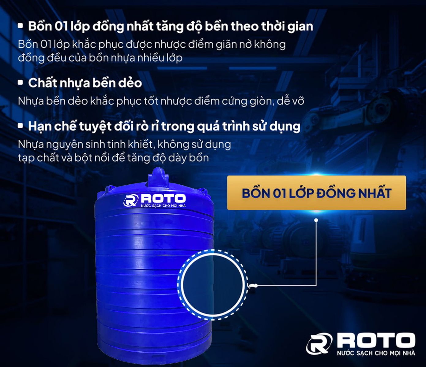 Bồn nước nhựa 10000 lít - Bồn 01 lớp đồng nhất - khắc phục được nhược điểm giãn nở không đồngđều so với các sản phẩm bồn nước khác Bồn nước nhựa 10000 lít - Bồn 01 lớp đồng nhất - khắc phục được nhược điểm giãn nở không đồngđều so với các sản phẩm bồn nước khác